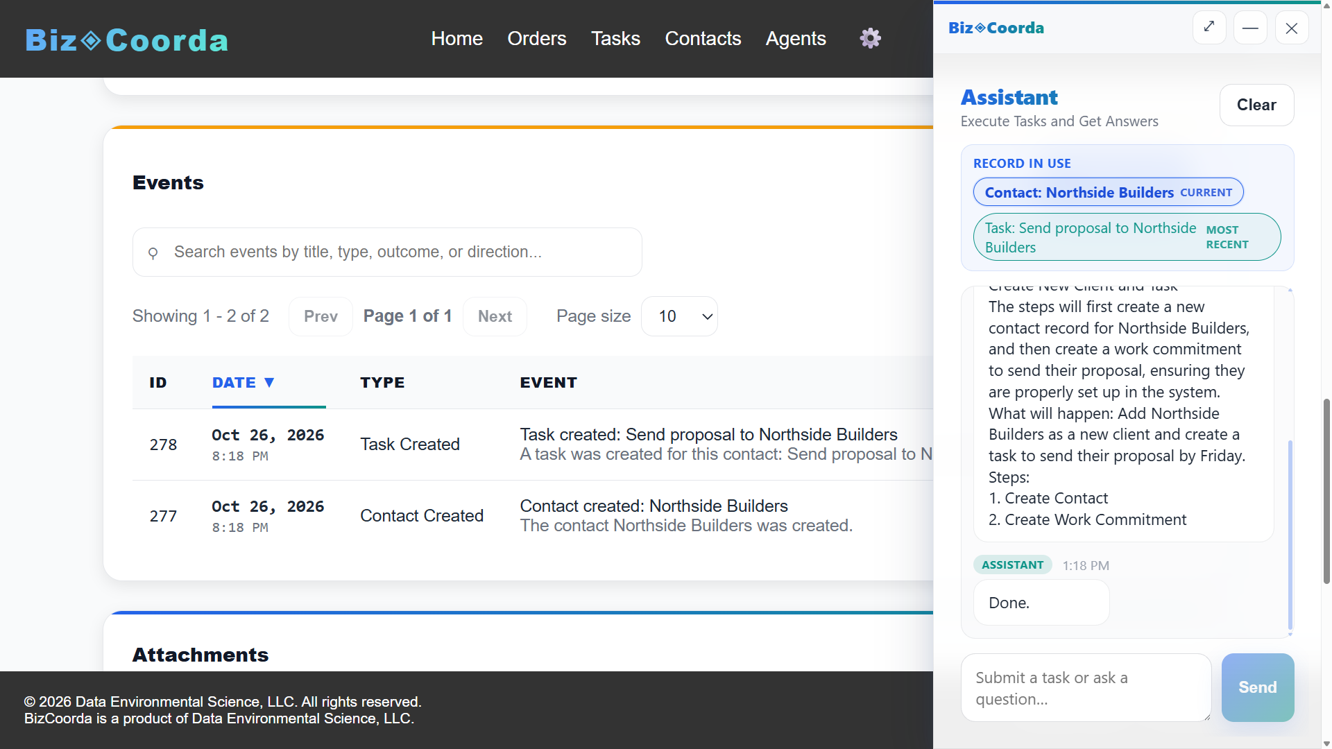 BizCoorda contact record showing logged calls and notes added by the AI Business Assistant.